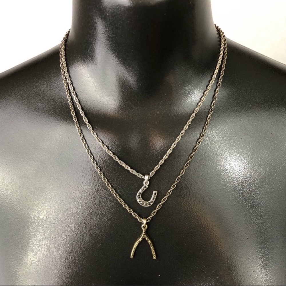 EUC Lucky Brand Double Your Luck Necklace Black & Gold Crystals